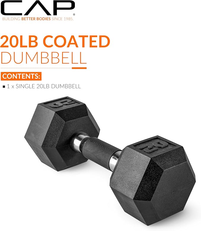 CAP Rubber Coated Dumbbell Weights, Free Weights for Home Gym Strength Training, Anti-Roll Hex Dumbbells with Black, Chrome & Comfort Grip Handles, Singles