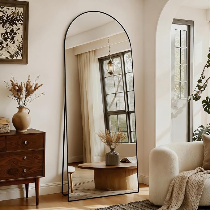 Arched Full Length Mirror 56"x21" Leaning Hanging Decor Black | Standing Body Mirror with Aluminum Frame for Bedroom Cloakroom Living Room Make-up Gift