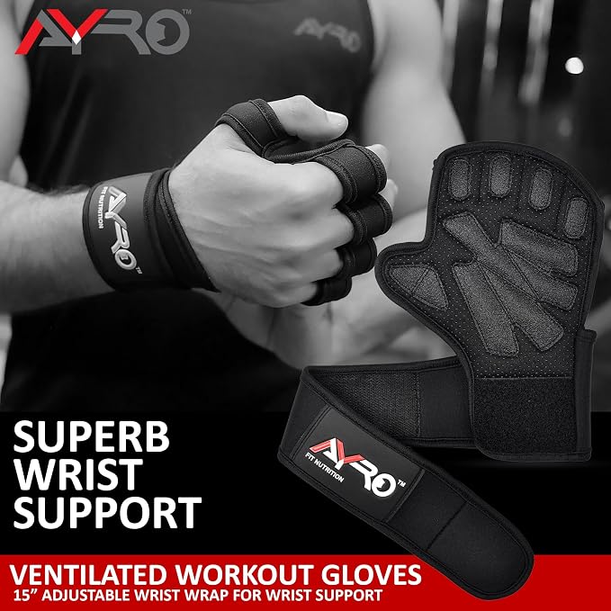 AYRO Workout Gloves for Men & Women, Gym Gloves for Men, Weight Lifting Gloves with 15" Wrist Wraps & Support, Breathable Palm Padding, Non-Slip Grip for Fitness, Cross Training & Bodybuilding