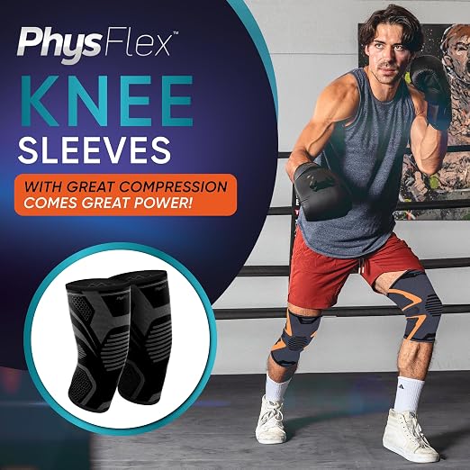 PhysFlex Knee Brace for Pain Relief - Knee Compression Sleeves for Men and Women - Support for Weightlifting, Gym, Workout, Volleyball, Arthritis (S, Black)