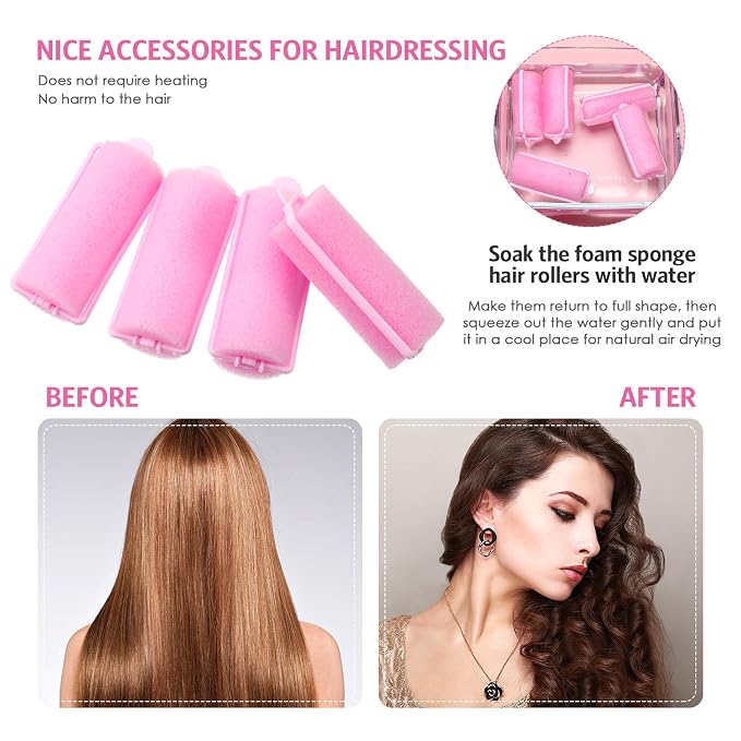 Syhood 48 Pcs Foam Hair Rollers for Overnight Styling Flexible Sponge Heatless Curlers and Rat Tail Comb for Short/long Hairs Women Hairdressing Styling(Pink,0.98 inch)