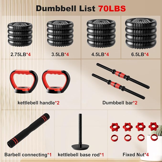 Adjustable Dumbbell Set,20/30/45/70/90lbs Free Weight with Connector | 5 in1 Dumbbells Set Used as Barbell, Kettlebells, Push up Stand,Weight Plate, Fitness Exercises for Home Gym