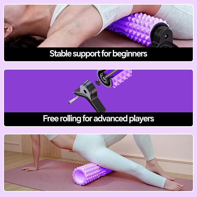 Foam Roller with Detachable Stand, 18” Deep Tissue Massage Roller | Beginner-Friendly Support Design for Muscle Recovery, Home Workout & Fitness - Purple