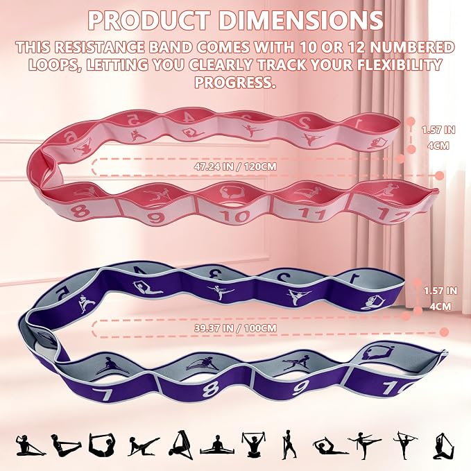 Fabric Exercise Straps, Number Stretch Resistance Bands with 10/12 Loops | Stretching Strap for Exercise, Physical Therapy, Rehab & Flexibility, Home Gym Equipment for Yoga, Pilates, Dance, Gymnastics