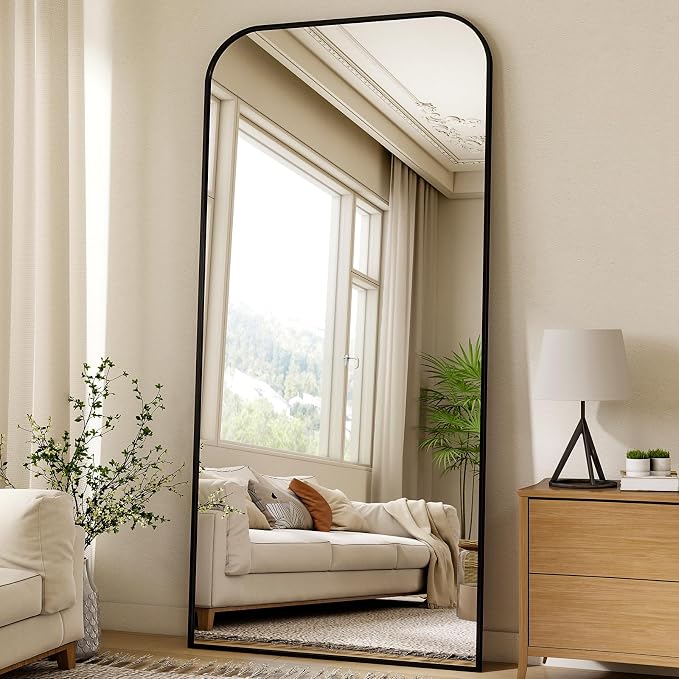 XRAMFY 77"x38" Full Length Mirror - Large Floor Standing & Wall Mountable Full Body Mirror with Sturdy Aluminum Frame, Arched Top Design, Freestanding or Hanging for Bedroom, Cloakroom,Black