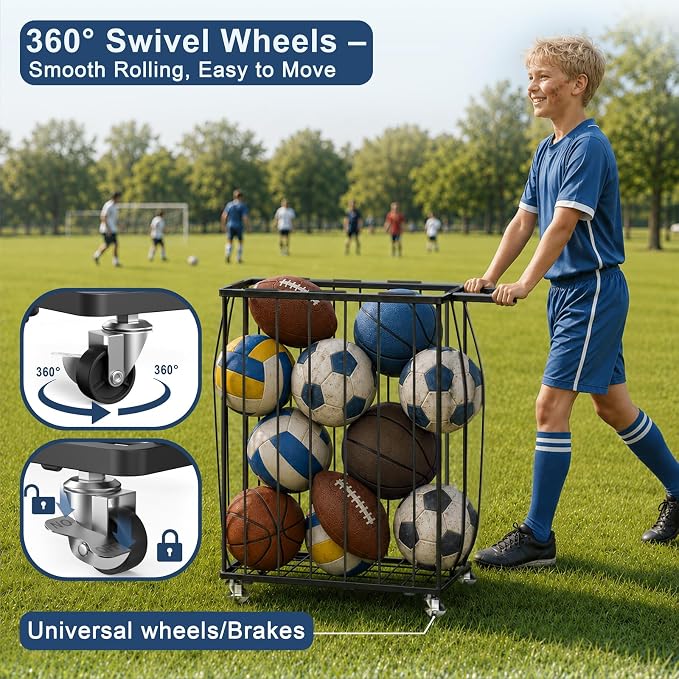 Garage Ball Storage Rack with Wheels, Metal Sports Ball Holder | Basketball Soccer Volleyball Holder with Adjustable Elastic Cords, Ball Organizer Space Saving Rack for Basement Gym Outdoor