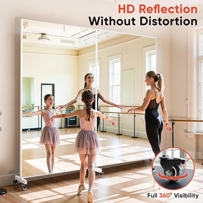 Suidia 72"x40" Extra Large Full Length Mirror on Wheels, 360° Swivel Rolling Mirror Floor, HD Tempered Glass Full Body Standing Mirrors for Home Gym, Yoga, Dance Studio, Bedroom, Rectangular, White
