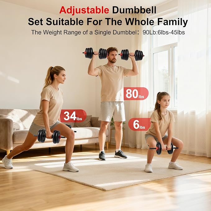 Adjustable Dumbbell Set,20/30/45/70/90lbs Free Weight with Connector | 5 in1 Dumbbells Set Used as Barbell, Kettlebells, Push up Stand,Weight Plate, Fitness Exercises for Home Gym