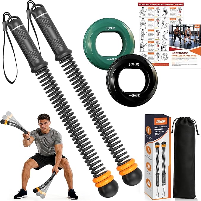 Weighted Ropeless Battle Ropes, Portable Cordless Rope for Home Gym | Grip Strengtheners&Poster, Adjustable Resistance, Non Slip Handle, Low-Noise, Heavy Duty Fitness Rope for HIIT Strength, 2PCS
