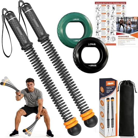 Weighted Ropeless Battle Ropes, Portable Cordless Rope for Home Gym | Grip Strengtheners&Poster, Adjustable Resistance, Non Slip Handle, Low-Noise, Heavy Duty Fitness Rope for HIIT Strength, 2PCS