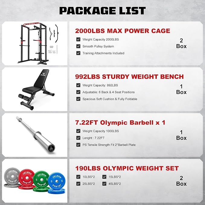 JELENS S11 Power Cage, 2000LB Multi-Function Power Rack with LAT Pulldown, Squat Rack with Adjustable Pulley System and Training Attachments, Weight Rack for Home Gym