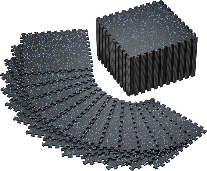 SUPERJARE 0.4'' Thick 48 Pcs 192 Sq Ft Rubber Top Exercise Equipment Mats, High Density EVA Foam Mats with Rubber Top, Interlocking Gym Flooring for Home Gym, Protective Workout Mat, Black/Blue
