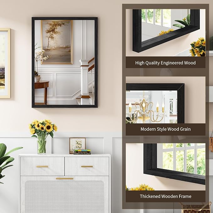 Syndra Black Wood Frame Bathroom Mirror, 22''x30'' Modern Vanity Mirror for Wall, Waterproof Slim Deep Frame, Rectangular HD Tempered Glass Mirror for Living Room, Bedroom, Entryway, Rustic, Farmhouse