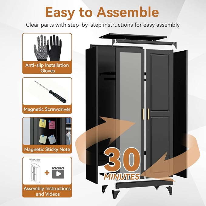 Polup Metal Armoire Wardrobe Closet with Mirror, 71" Tall Black Cabinet | Heavy Duty Steel Clothing Storage Cabinet with Hanging Rod & Adjustable Shelves for Bedroom, Office, Clothes Organizer