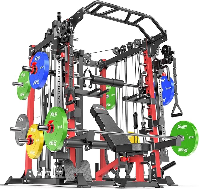 Smith Machine，Multi-Function Squat Rack Power Cage with Cable Crossover System,with Optional Weight Bench, Olympic Barbell Weight Set, for Home Gym