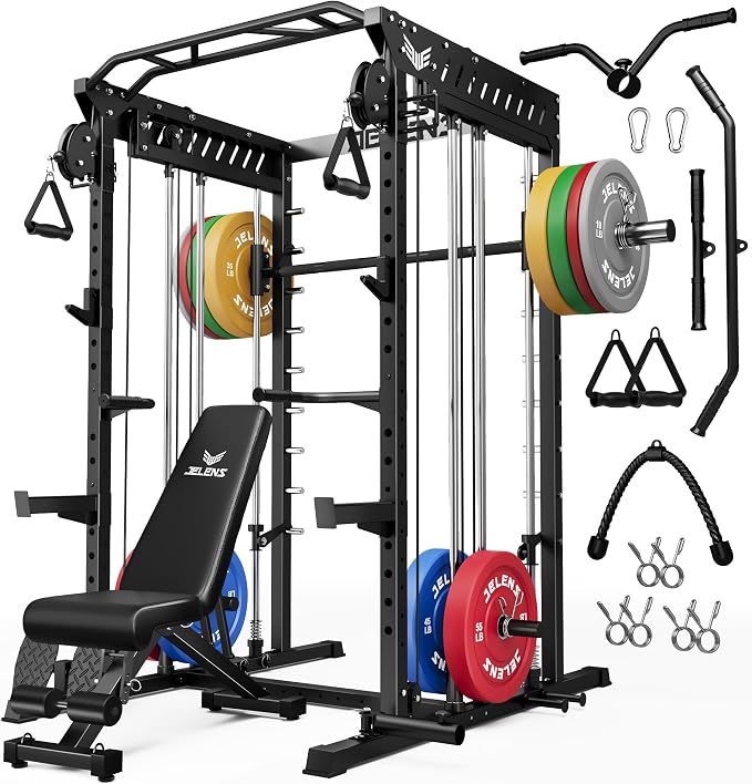 JELENS M21 Smith Machine, Multi-Function Power Cage with Dual Pulley Cable Crossover System, 2000LBS All-in-One Squat Rack with Smith Bar and Attachments for Home Gym