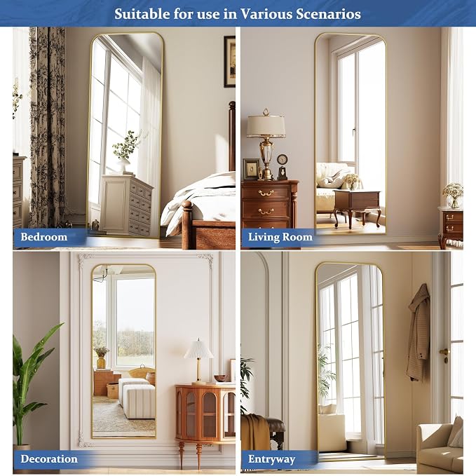 Full Length Mirror 64"x21" Arched Floor Standing Large Mirrors | Full Body Mirror with Stand - with Aluminum Frame for Bedroom Living Room, Gold