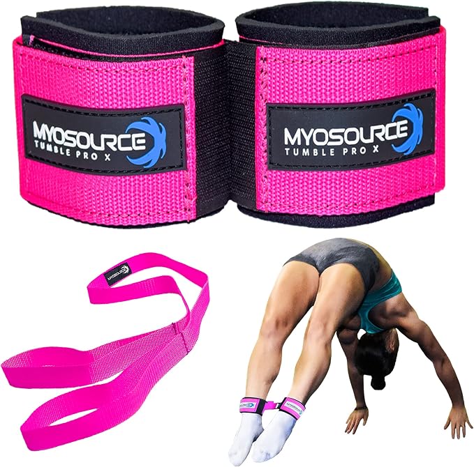 Tumble Pro X Ankle Straps Kit – Cheerleading Standing Tumbling Equipment, Gymnastics Backhandspring Trainer – Includes Flexibility Stunt Stretch Strap – Blue, Pink, Purple