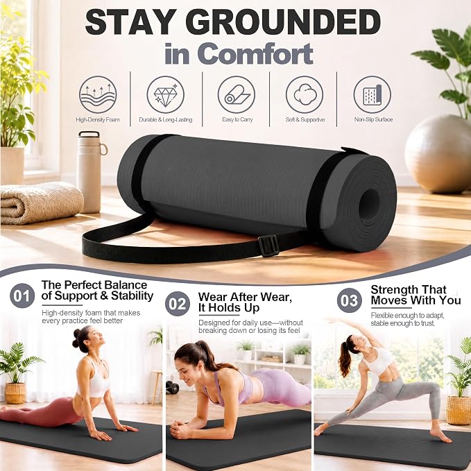 HULKFIT High Density Non Slip Yoga Mat, Extra Thick Exercise Mat with Carrying Strap, for Pilates, Fitness, Home Gym & Floor Workouts - Multiple Thickness & Multiple Color