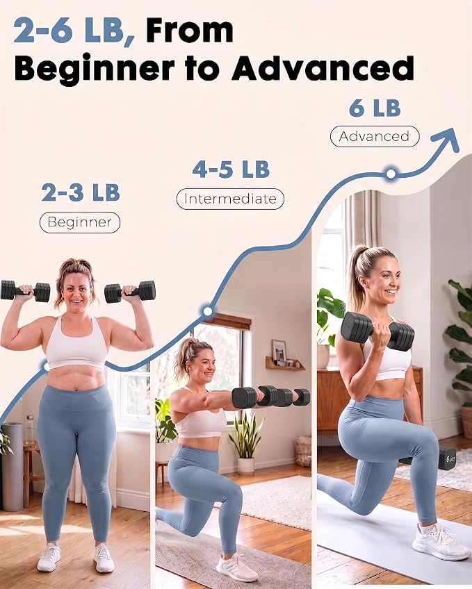 Equipro Hand Weights for Women at Home 6 LBS Adjustable Dumbbell Set of 2, Fast Adjust Dumbbells with TPU Soft Rubber Handle for Home Gym Exercise Training