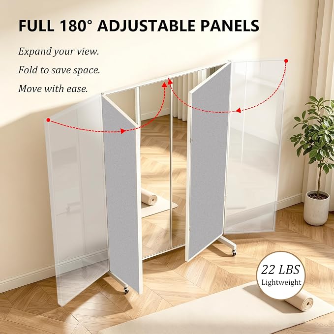 71”x67” Full Length 3-Way Glassless Rolling Mirror，Foldable Floor Standing | Trifold Nano Mirror with Wheels，Ultra-Light Mirror for Home Gym,Dance Studio & Workout Room, Space Saving, White