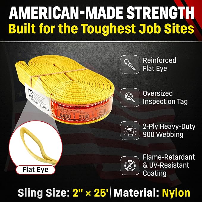 DD Sling 2 Inch x 25 Foot Nylon Lifting Strap – USA Made, 6,400 lb Vertical, 5,100 lb Choker, 12,800 lb Basket – 2-Ply Heavy Duty 900 Webbing, Type 3 Flat Eye & Eye Rigging Sling