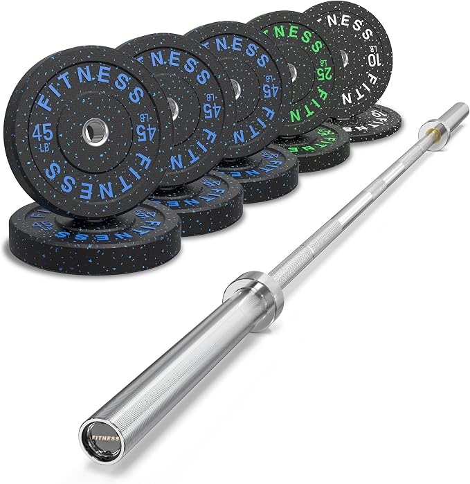 HANDBODE Olympic Barbell Set, 2-Inch Bumper Plates with Weight Plate Rack | Colored Crumb Rubber Weight Plates for Weight Lifting & Strength Training, 90–530 lb Set with 45 LB (20 kg) Olympic Barbell