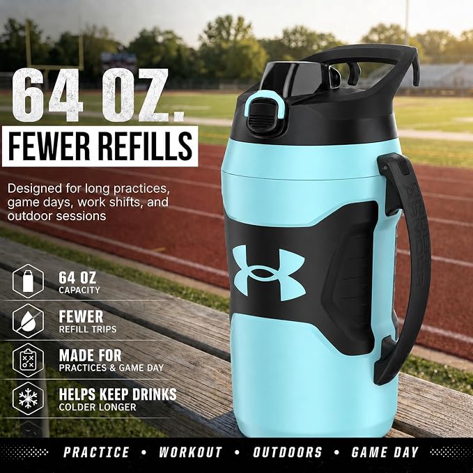 Under Armour Insulated Water Bottle with Handle & Fence Hook, Half Gallon Sports Water Jug, Leak-Resistant & BPA-Free for Baseball, Football & Gym - Breeze Blue/Black, 64oz