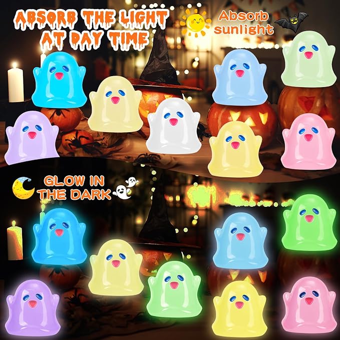 64Pcs Halloween Luminous Mini Ghosts Figures 8 Colours Glow in The Dark Miniature Resin Ghost Figurines to Hide Bulk Tiny Small Statue for Halloween Party Favors Micro Garden Dollhouse Decorations
