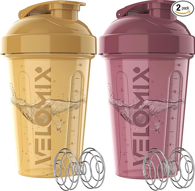 VELOMIX 2 Pack 20oz Protein Shaker Bottle for Protein Mixes, Berry Surf | 2x Wire Whisk, Leak Proof Shaker Cups for Protein Shakes, Stackable, Dishwasher safe, BPA free, Pre Workout and Fitness ready
