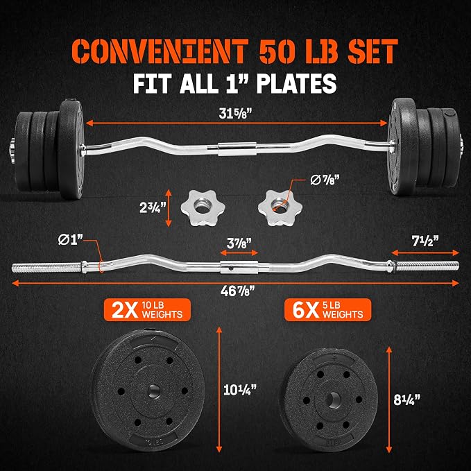 Yes4All Standard Straight Barbell 60" & EZ Curl Bar 47", Capacity 200 to 480 LB, Weight Bar 1" to 2" Diameter - Star Lock Collars, Rubber Ring, Barbell Spins Included for Deadlifts & Squats
