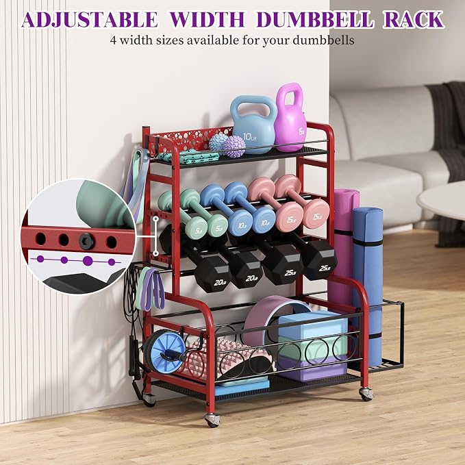 VOPEAK 3-Tier Dumbbell Rack with Wheels, Weight Rack for Home Gym Storage | Stores dumbbells, kettlebells & yoga mats. Lockable wheels for mobility. Sturdy steel frame, easy 15-min assembly