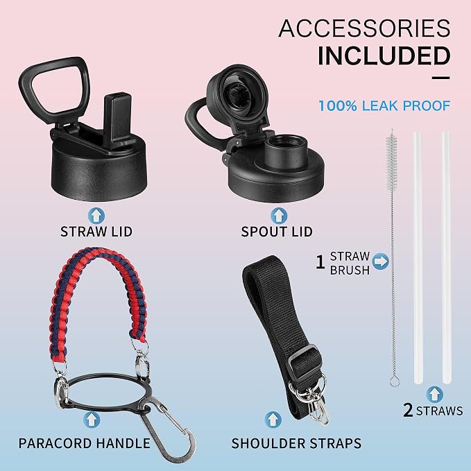 KXIAOCHEN Insulated Water Bottle with Strap, 48-Hour Cold, 2 Lids | Triple-wall insulation, lead-free 18/8 Stainless steel, paracord handle, carabiner clip, for gym, hiking, camping and travel