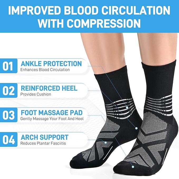 IRAMY Compression Ankle Support Crew Socks Men Women Wicking Plantar Fasciitis Relief Running Hiking Socks 3 Pairs