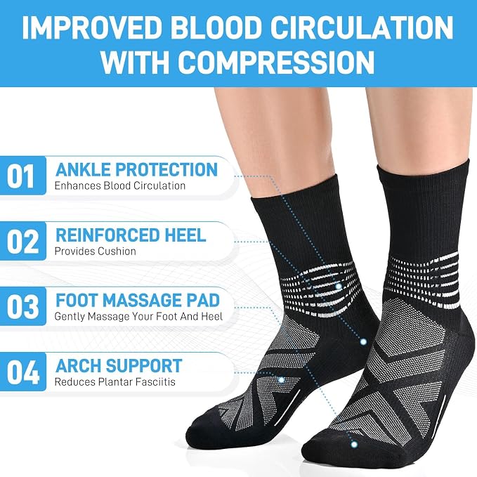 IRAMY Compression Ankle Support Crew Socks Men Women Wicking Plantar Fasciitis Relief Running Hiking Socks 3 Pairs