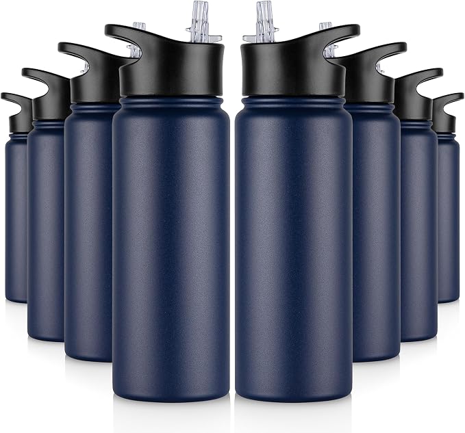 24 oz Insulated Water Bottle Bulk 8 Pack, Stainless Steel Sports Water Bottles with Straw Lid & Wide Mouth Lids, Double Walled Vacuum, Leak Proof, Navy Blue