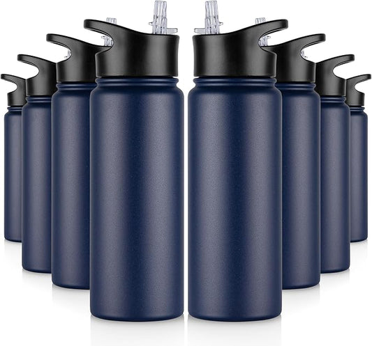 24 oz Insulated Water Bottle Bulk 8 Pack, Stainless Steel Sports Water Bottles with Straw Lid & Wide Mouth Lids, Double Walled Vacuum, Leak Proof, Navy Blue