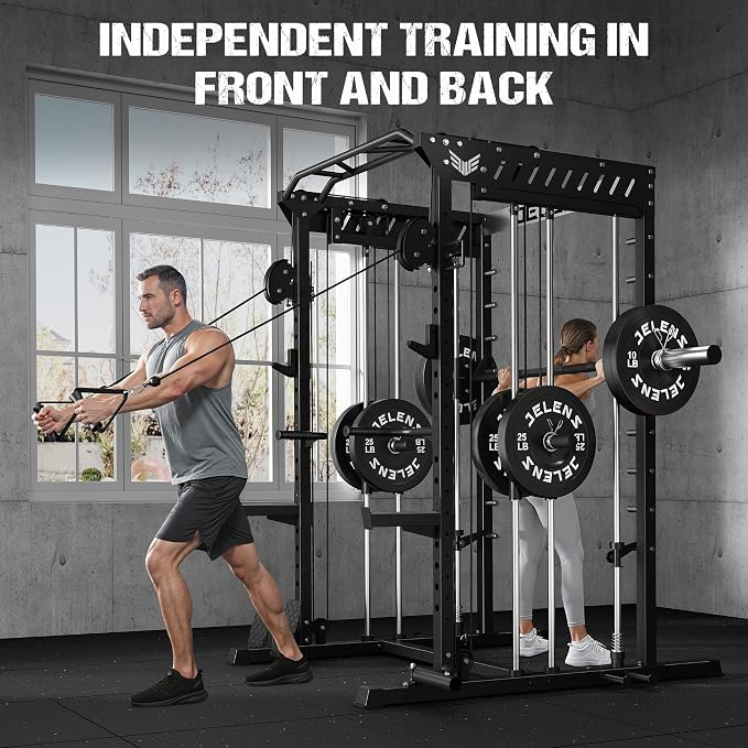 JELENS M21 Smith Machine, Multi-Function Power Cage with Dual Pulley Cable Crossover System, 2000LBS All-in-One Squat Rack with Smith Bar and Attachments for Home Gym