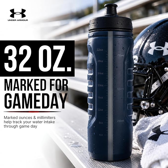 Under Armour Squeeze Water Bottles, 32 oz Water Bottles, Sideline Sports Water Bottle with Quick-Shot Lid, Quick & Easy Hydration, Gym Water Bottles, Squeeze Bottle, 1 32oz Bottle