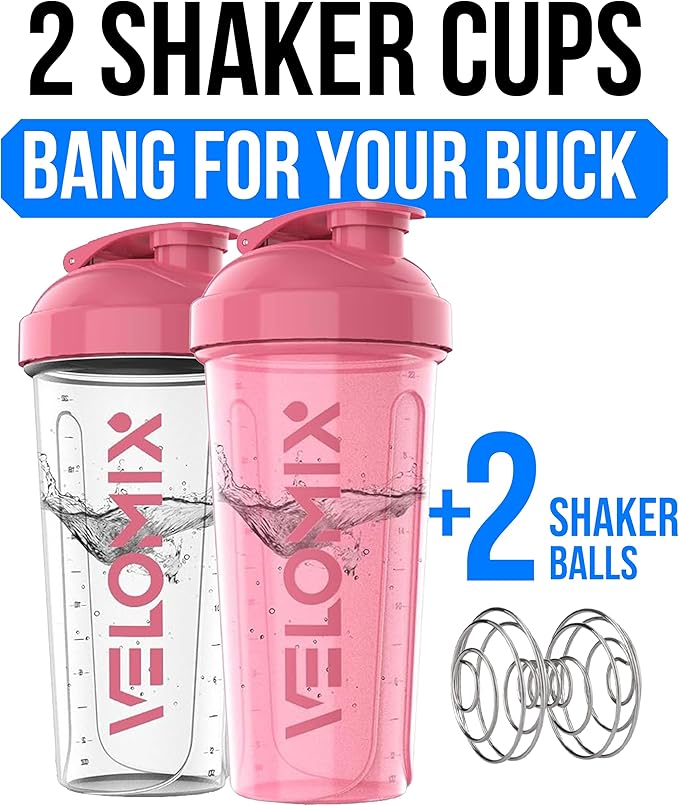 VELOMIX 2 Pack 28oz Protein Shaker Bottle, Pink/Transparent | 2x Wire Whisk, Leak Proof Shaker Cups for Protein Shakes, Stackable, Dishwasher safe, BPA free, Pre Workout and Fitness ready