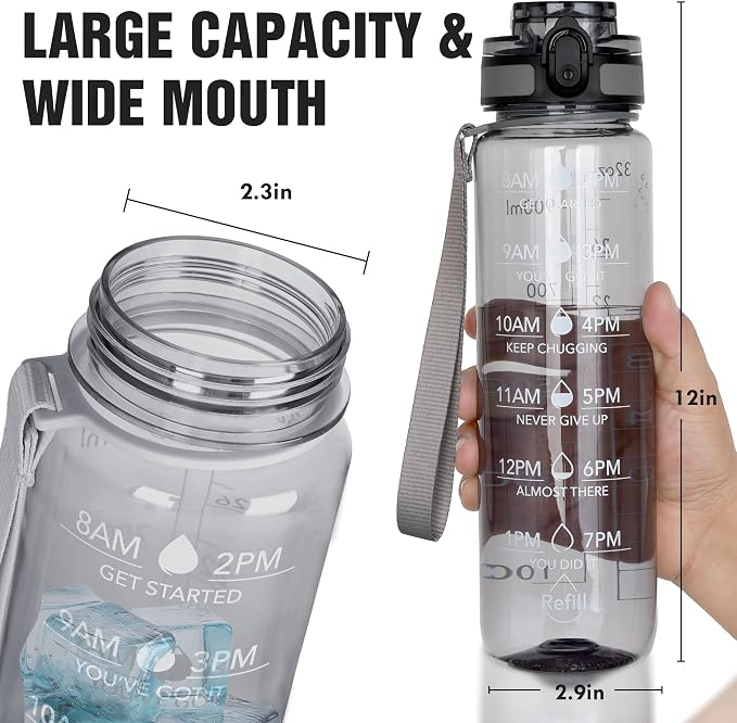 OLDLEY Water Bottle, 32oz Motivational Sports Water Bottle with Time Marker - Times to Drink - Tritan, BPA Free, Wide Mouth Leakproof,Smoke Grey