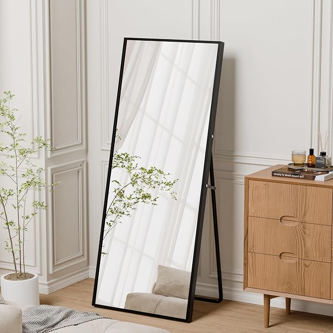58"×18" Full Length Mirror, Shatterproof Tempered Glass Floor Mirror, Alum Alloy Thin Frame Standing Mirror with Freestanding/Leaning/Wall Mount for Bedroom, Living Room & Entryway, Black