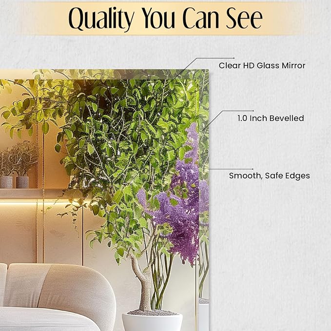 Rectangle Bevelled Frameless Mirror - Wall Mirror 24” x 36”, Shatterproof Modern Bathroom Mirror for Gym, Bathroom Vanity, Entryways with Bevelled Edge, Horizontally or Vertically