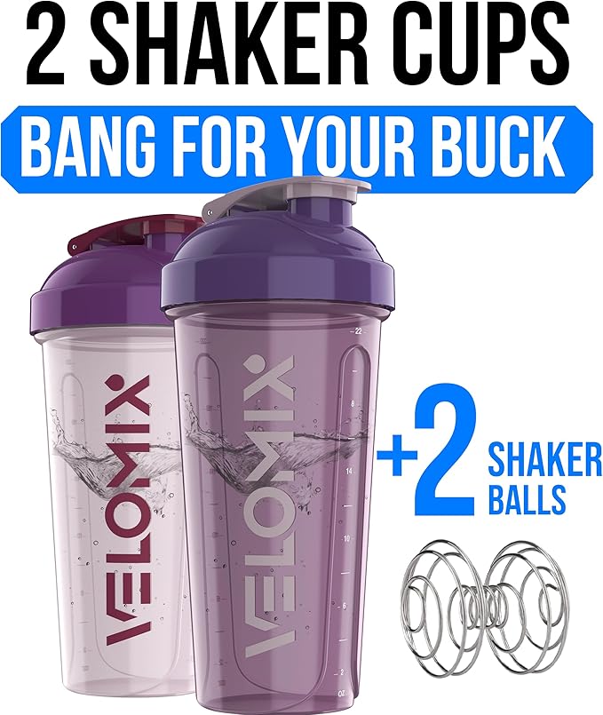 VELOMIX 2 Pack 28oz Protein Shaker Bottle for Protein Mixes, Purple Mix | 2x Wire Whisk, Leak Proof Shaker Cups for Protein Shakes, Stackable, Dishwasher safe, BPA free, Pre Workout and Fitness ready