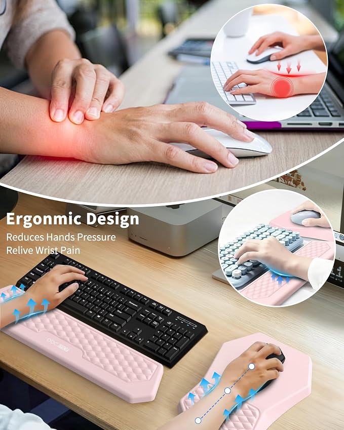 Ergonomic Mouse Pad Wrist Rest and Keyboard Wrist Rest Support Set | Massage Design Mousepad for Carpal Tunnel Pain Relief, Memory Foam, Non-Slip PU Base for Computer Desk, Pink