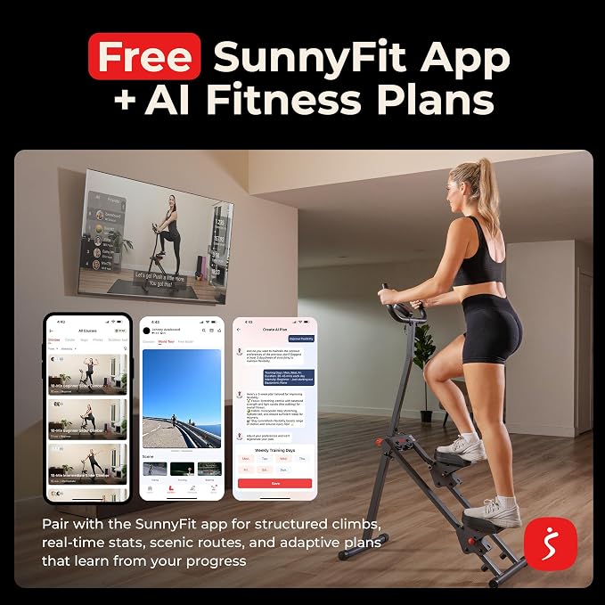 Sunny Health & Fitness Stair Stepper for Home | SunnyFit App Connection, Long Stride Length, Home Gym Exercise, Compact Foldable, Leg and Glute Training