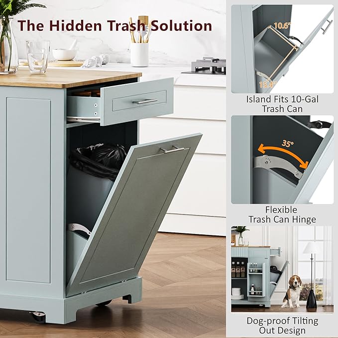 Merax Fluted Kitchen Island with Trash Can Storage Cabinet, Power Outlet, Internal Storage Rack, Rolling Kitchen Storage Cart on 5 Wheels with 3 Drawer, 3 Open Side Racks, Gray