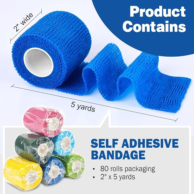 AZEN 80 Pack Self Adhesive Bandage Wrap, 2" X 5 Yards Elastic Cohesive Bandage Wrap, Color Athletic Tape, Vet Wrap, Ankle Tape, Tattoo Grip Tape Wrap