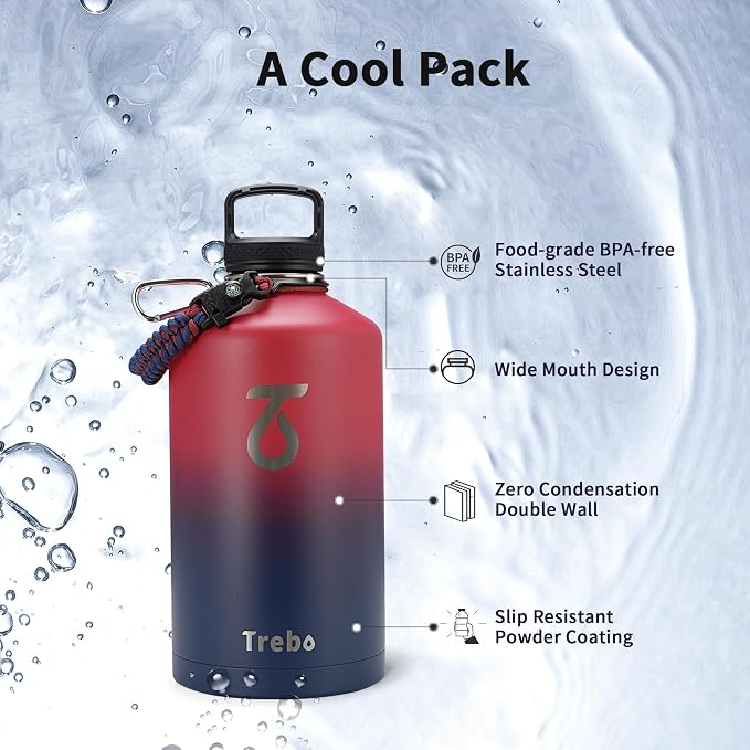 Trebo One Gallon Water Bottle Insulated with 3 Lids, Paracord Handle & Bag | 128 oz Large Stainless Steel Water Jug, Triple Wall Vacuum Copper Plated, Dishwasher Safe, Keeps Cold 48 Hrs for Hiking, Gym