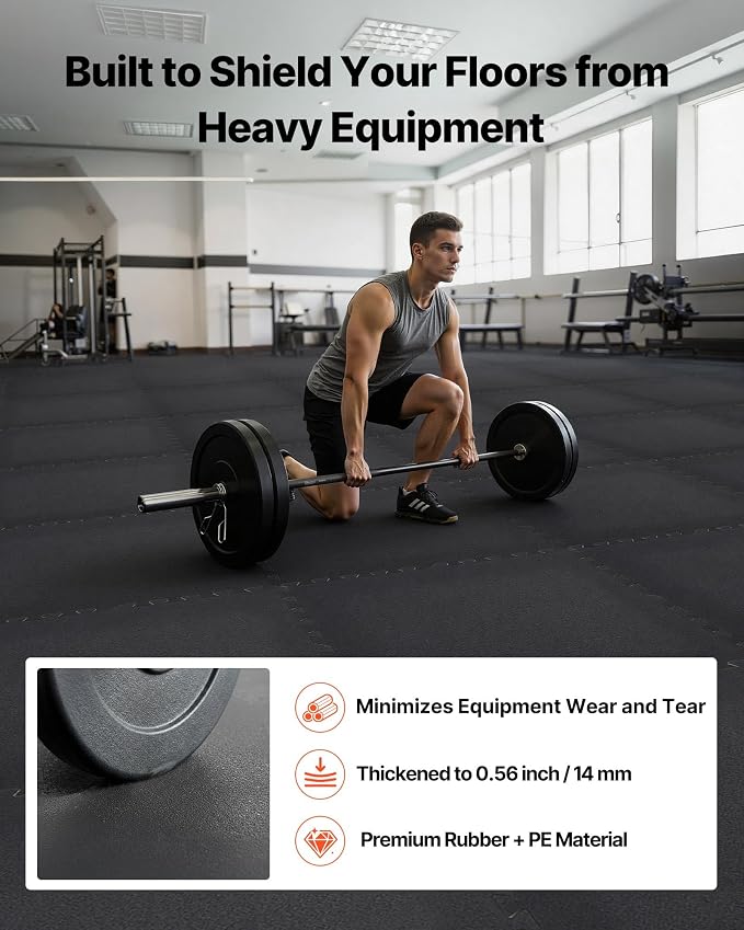 VEVOR 0.56Inch 96sq.ft 24 Tiles Gym Flooring for Home Gym, Rubber Top with High Density EVA Foam, 24 x 24In Gym Floor Exercise Equipment Mats, Interlocking Gym Mats, Puzzle Workout Mats, Black | Rubber Top with High Density EVA Foam, Lightweight Gym Fl...